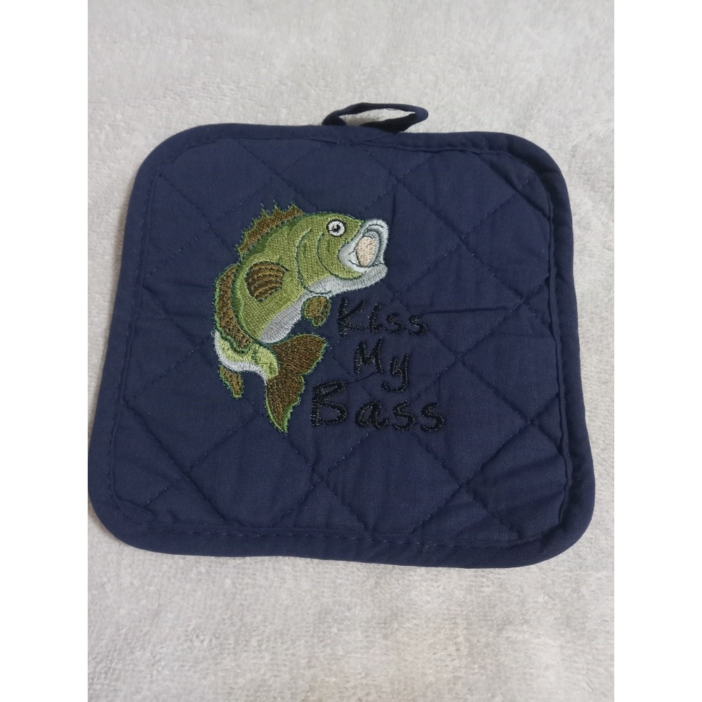 Kiss My Bass Pot Holder Trivet Fishing Gift Funny Kitchen Decor‎ Blue